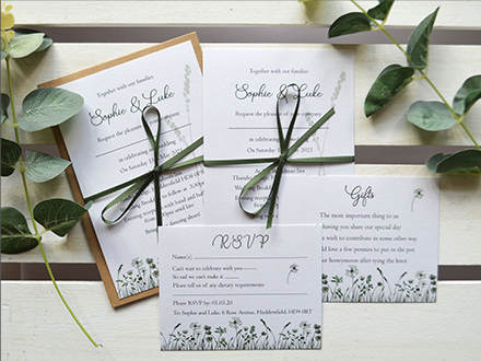 Wild Meadow Wedding Invitations with satin bow